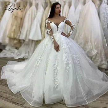 Liyuke Decote Colher Esferas Bola vestido de Casamento Vestido De Nu Integral Pele Manga Com o Tribunal Trem vestido de noiva