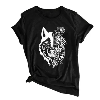 Lobo Flores Impresso T-Shirts Mulheres De Verão Gráfico Streetwear Tops Para Adolescentes De Algodão De Manga Curta Roupas Femme Mujer Camiseta