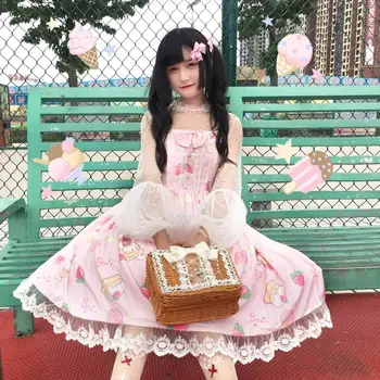 Lolita vestido vintage bowknot bonito impressão de cintura alta princesa vitoriana vestido de alça kawaii girl gótico lolita cosplay loli
