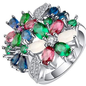 Marca Fêmea cor-de-Rosa flor azul Anel de Prata Cheio de cor Vintage Casamento, Anéis de Noivado Para as Mulheres de luxo, anéis de dedo de jóias
