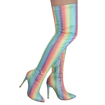 Mulheres 2022 Sapatos Da Moda Arco-Íris Sequies Elástico De Salto Alto Botas De Salto Alto Com Zíper Sexy Feminino Coxa Alto Apontado Toe Botas