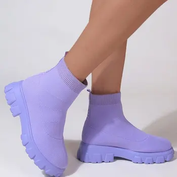 Mulheres Ankle Boots Leve, Casual Sapatos para as Mulheres da Cunha Conforto de Moda de Meia Sapatos Botas de Tricô Meio da Plataforma Superior de Inicialização