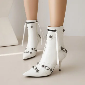 mulheres sapatos preto rebites de borla punk microfibra couro, ankle boots de moda apontou toe salto alto oeste botas de inicialização personalizada