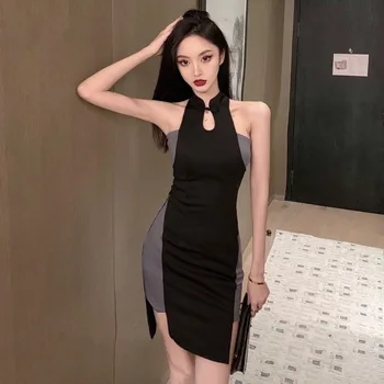 Mulheres Slim Qipao De Estilo Chinês, Cheongsam Cinza Preto Costura Sexy Vestido De Festa Boate Bodycon Coreano De Moda De Vestidos De Senhora