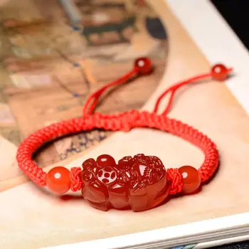 Natural ágata vermelha sorte corda vermelha bracelete feminino animal de ano, tecidos à mão pulseira masculina de proteção corda de mão de presente