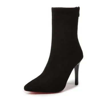Novo Luxo, de Salto Alto Vermelho Inferior Mulheres Botas de Dedo Apontado Meados de tubo de Sapatos de Mulher Ankle Boots de Camurça Curto Elástico Botas de Senhoras
