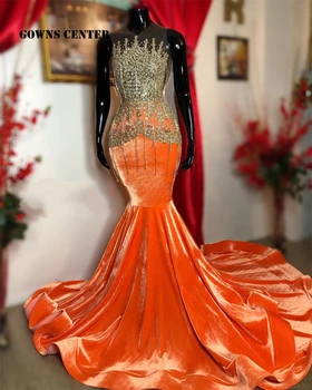 Ouro Borlas de Veludo Laranja de Baile, Vestidos de Preto Meninas Vestidos de Luxo Elegante Vestido Para a Festa de Casamento da Sereia Vestidos de Noite manto