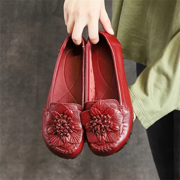 Outono Inverno Nova Mãe Sapatos das Mulheres de Couro Fundo Plano Soft antiderrapante Conjuntos De Pés de Moda, Flores Sapatos femininos