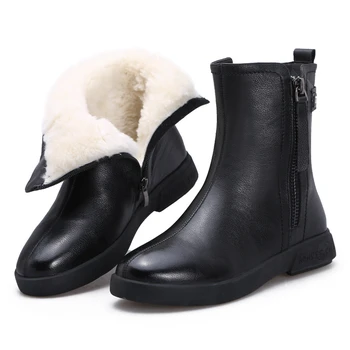 Peludo Quente Sapatos De Inverno Mulheres Genuíno Couro Preto Ankle Boots 2021 Nova Mãe Moda Botas De Neve De Pele De Veludo Sapatos De Inverno