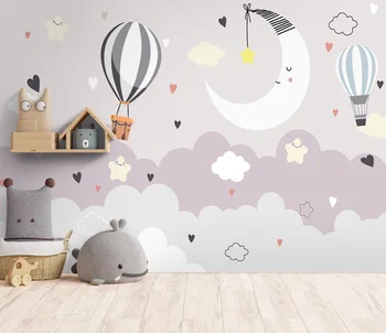 Personalizado de desenhos animados papel de parede Nórdicos, pintados à mão, espaço de balão de ar quente para crianças, quarto de menino quarto de decoração mural papier peint