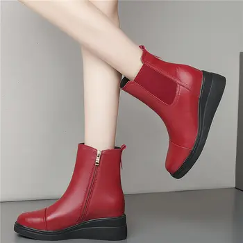 Plataforma Ankle Boots feminina de Couro Genuíno Chelsea Botas de Sola Grossa do Dedo do pé Redondo Oxfords Punk Gótico 34-40