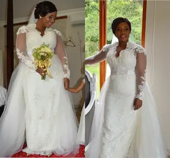 Plus Size Africana Sereia Vestidos de Noiva com Trem Destacável 2021 de Manga Longa de Cristal Laço Jardim Festa de Casamento de Vestido de Noiva