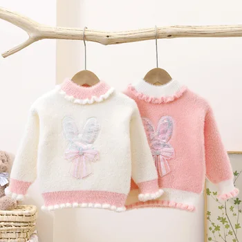 Quente Vison Lã Branca, cor-de-Rosa Médio-neck Sweater de Inverno Meninas Novas Grosso desenhos animados Coelho Bordado Baby Desgaste das Crianças