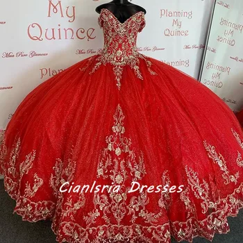 Red Ball Gown Vestido Quinceanera 2022 Fora Do Ombro Flores em 3D Elegante Sweet 16 Vestidos de Festa Vestidos De 15 Anos