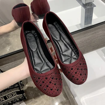Senhoras Casuais Sapatos de 2022, a Primavera e o Outono Televisão Sapatos Confortáveis Sapatos femininos Dedo do pé Redondo de pedra de Strass de Flats Plus Size