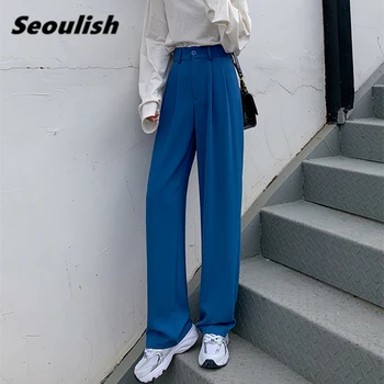 Seoulish 2021 Nova coleção Primavera / Verão Azul de Perna Larga Mulheres de Calças Botão de Cintura Alta Feminino Elegante Minimalismo Office Calças de Trabalho