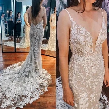 Sereia Sexy Catedral Trem Vestidos de Casamento 2022 V-pescoço Apliques de Renda Floral sem encosto Espaguete Noiva da Princesa Vestido de Noiva