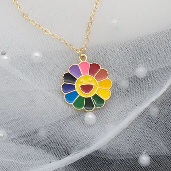 Sorrindo colorido da flor do sol colar pingente bonito colar de jóias de moda para a namorada de presente de aniversário