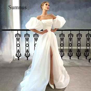 Sumnus Branco de Organza Vestido de Noiva Puff Manga Strapless vestido de Noiva Vestidos de Fenda Lateral Longo Vestido de Casamento para Noivas Vestidos de Noiva