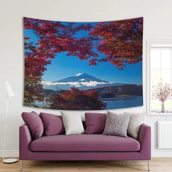 Tapeçaria Montanha Fuji e Laca Kawaguchiko Árvores do Outono Céu Claro Dia de sol, a Paisagem Vista da Borgonha, Verde, Azul,