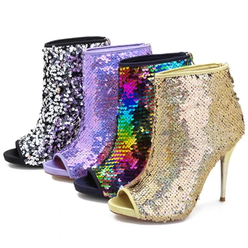 TIMETANG 2021 Mulheres de Curto Tornozelo Sandal Boots Bling Glitter Peep Toe Plataforma Salto Alto Zip Sexy Calçados Noite de Festa do Clube