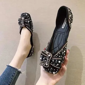 Versão coreana 2021 primavera nova Pérola Strass superficial boca de cabeça quadrada único calçado versátil fundo plano sapatos femininos