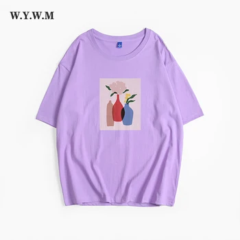 WYWM Resumo dos desenhos animados Impresso T-Shirts Mulheres 2022 Verão Harajuku Estética Gráfico Mulher Camisetas de Algodão Solto Feminino Tops