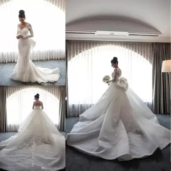 Árabe Linda Sereia Vestidos de Noiva com Destacável Longo Trem de Ilusão de Mangas compridas Frisada Lace Completo Vestidos de Noiva 2023